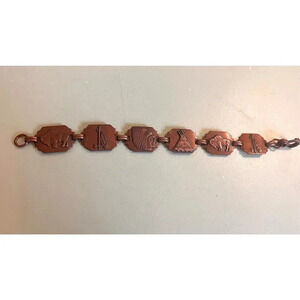 Vintage Native American‎ Stamped Copper Link Bracelet Bison Indian Teepee